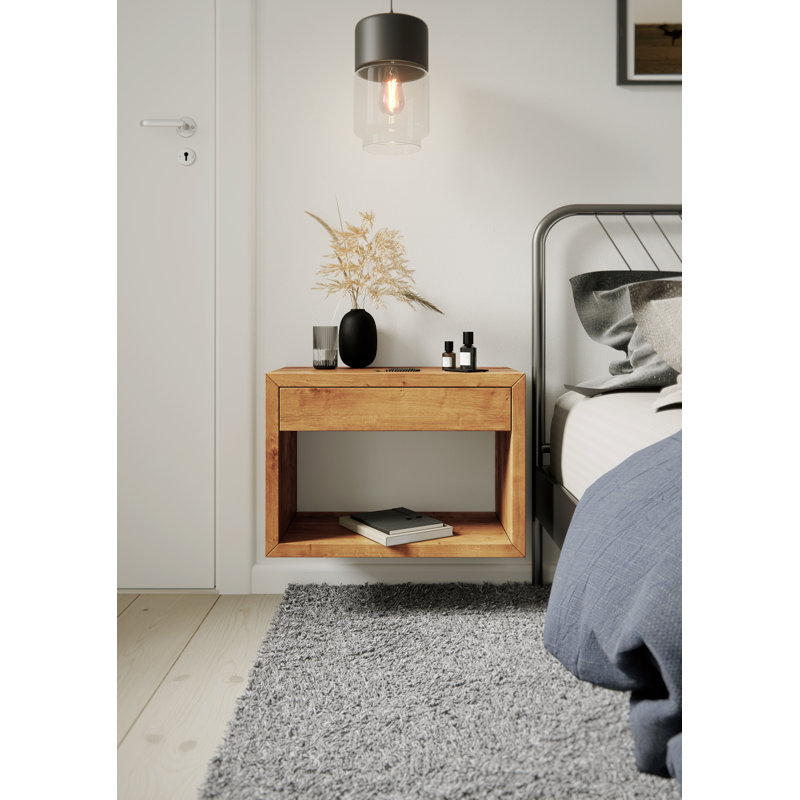 Solid Wood Floating Nightstand with Drawer | Bedroom Scandinavian Furniture, Bedside Table, Brown