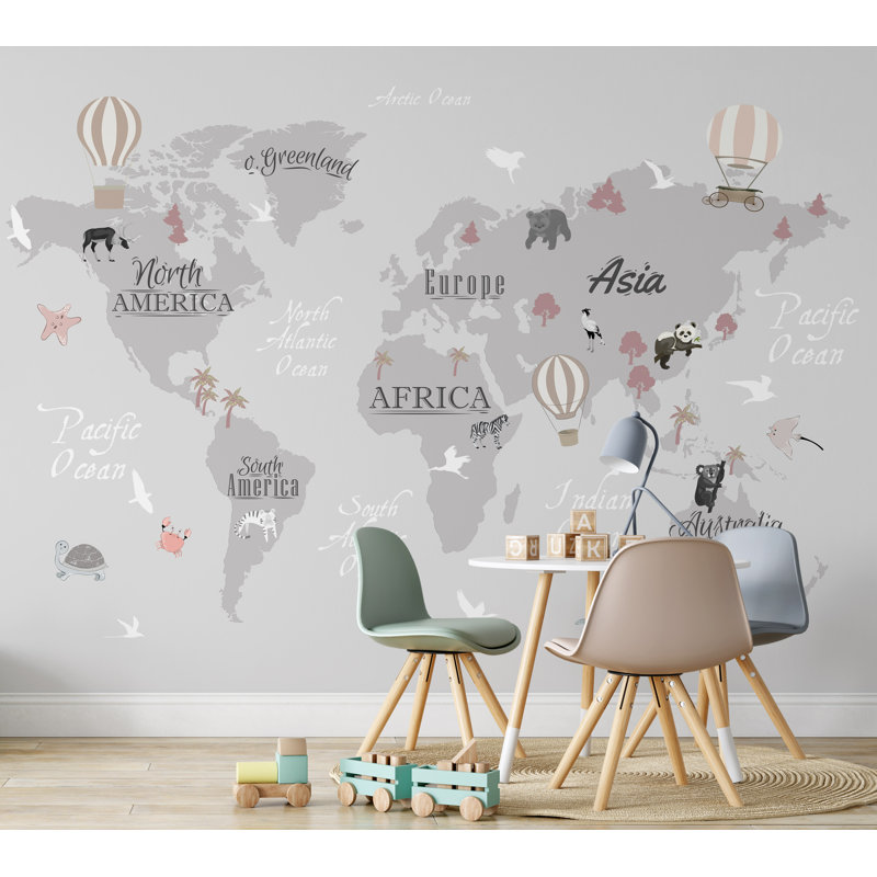 Kids World Map Gray Background Wallpaper, 94.92" L x 143" W