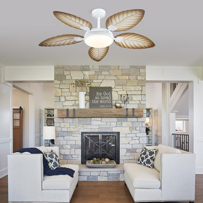 Palm Leaf Ceiling Fans With Lights, Outdoor Tropical Ceiling Fans With Remote For Patios Living Room, Dimmable, 6 Speeds, Reversible, Wood Grain