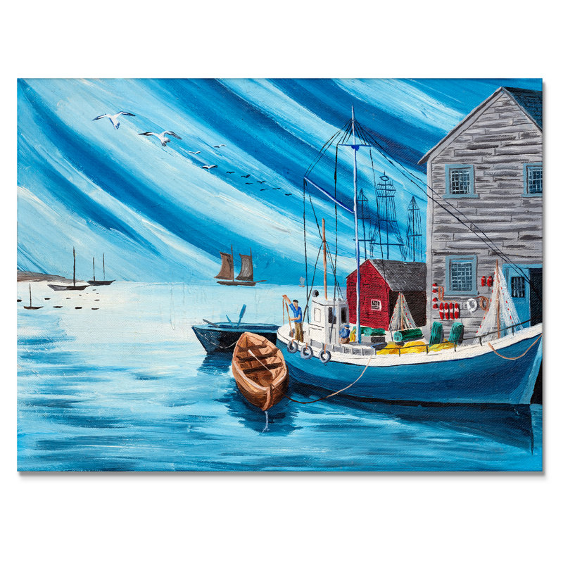 Bateau de pêcheur dans le port - art nautique et côtier sur toile, H 8 po x l 12 po x P 1,5 po, Toile tendue