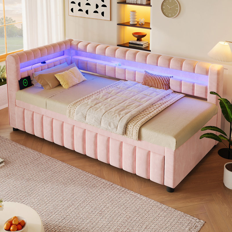 Lit de jour rembourré avec lumières DEL, USB et lit gigogne escamotable, Rose