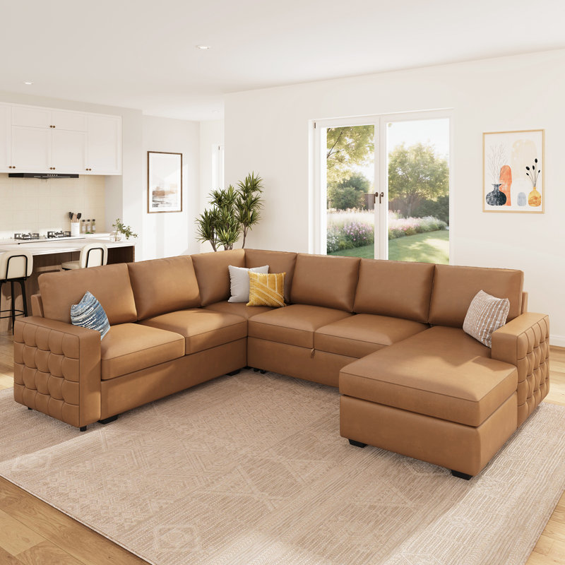 Cottone U-Shaped Faux Leather Sectional Sofa Bed with Pull-Out Sleeper and Storage Chaise