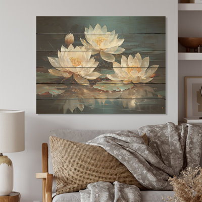 Lotus Blossoms Bathed In Moonlight - Lotus Wood Wall Art On Natural Pine Wood
