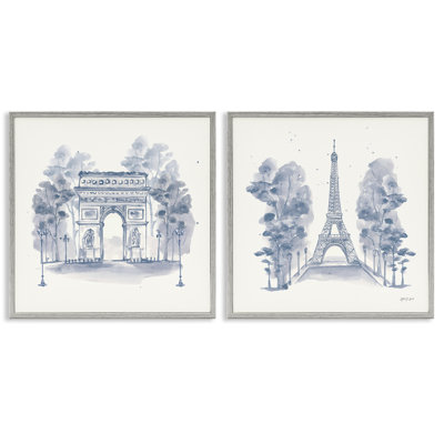  Ensemble de 2 estampes françaises sur fond bleu par yvette St. Amant