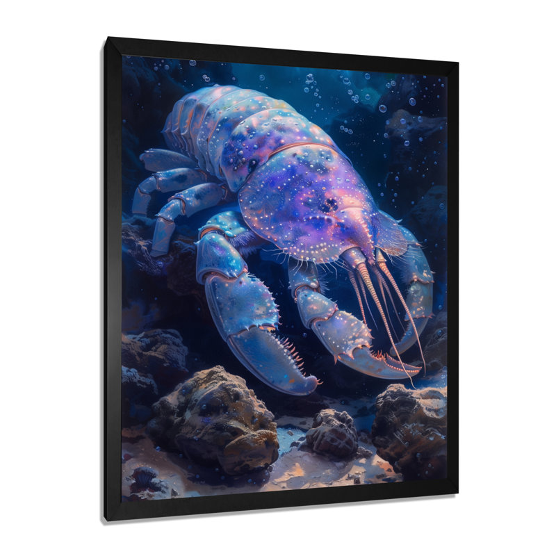 «Blue Glowing Abyss Crabe Creatures - Sea Creatures», reproduction d'art, H 12 po x l 20 po, Cadre simple noir