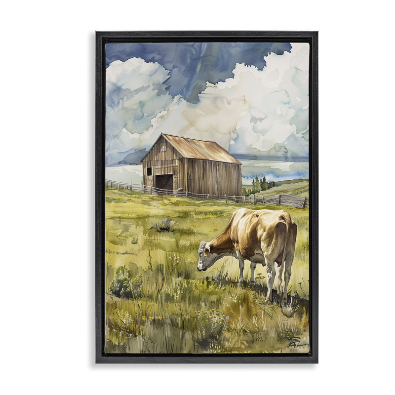  «Cow in Vast Field» par Franklyn Gregory, Cadre flottant noir de jais, H 25 po x l 17 po
