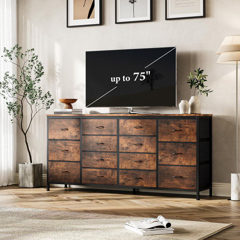 14 Drawer Dresser, 63 Inch Dresser TV Stand, Rustic Brown