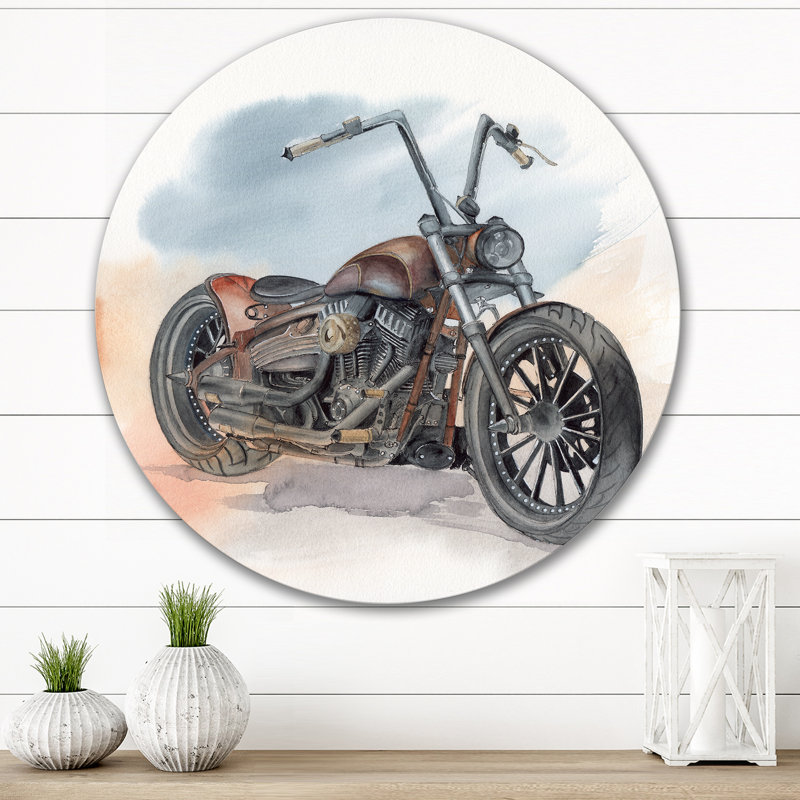 Motocyclette rétro sur ciel bleu - Cercle métallique rétro, H 23 po x l 23 po