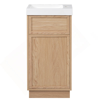 Meuble-lavabo de 15,75 po avec lavabo réversible en résine, armoire en panneau de fibres à densité moyenne avec tablette réglable et porte à pousser, finition en mélamine grain de bois, porte réversible, style rustique pour petits espaces