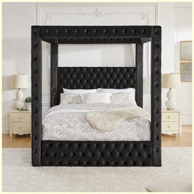Queen Size Velvet Upholstered Canopy Bed Frame with Button Tufted Headboard, Bluetooth Speaker, USB Charging Ports, Black