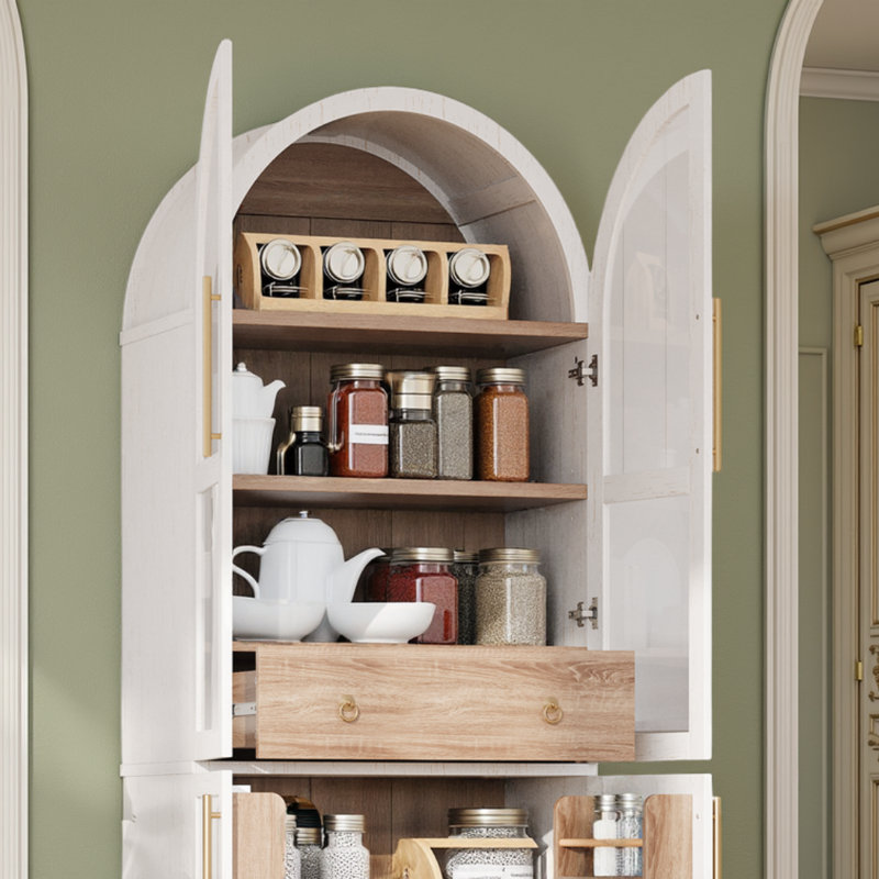 4 Doors Arched Two-Tone Kitchen Pantry Cabinet with Adjustable Shelves and Hidden Drawer, White