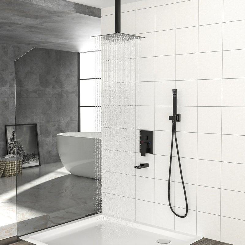 Système de douche carré à fixation au plafond, pomme de douche pluviale de 16 pouces, bec de baignoire en cascade, noir mat, 3 fonctions et facile à installer - soupape d'échaudage, ultra mince avec 360 rotatif