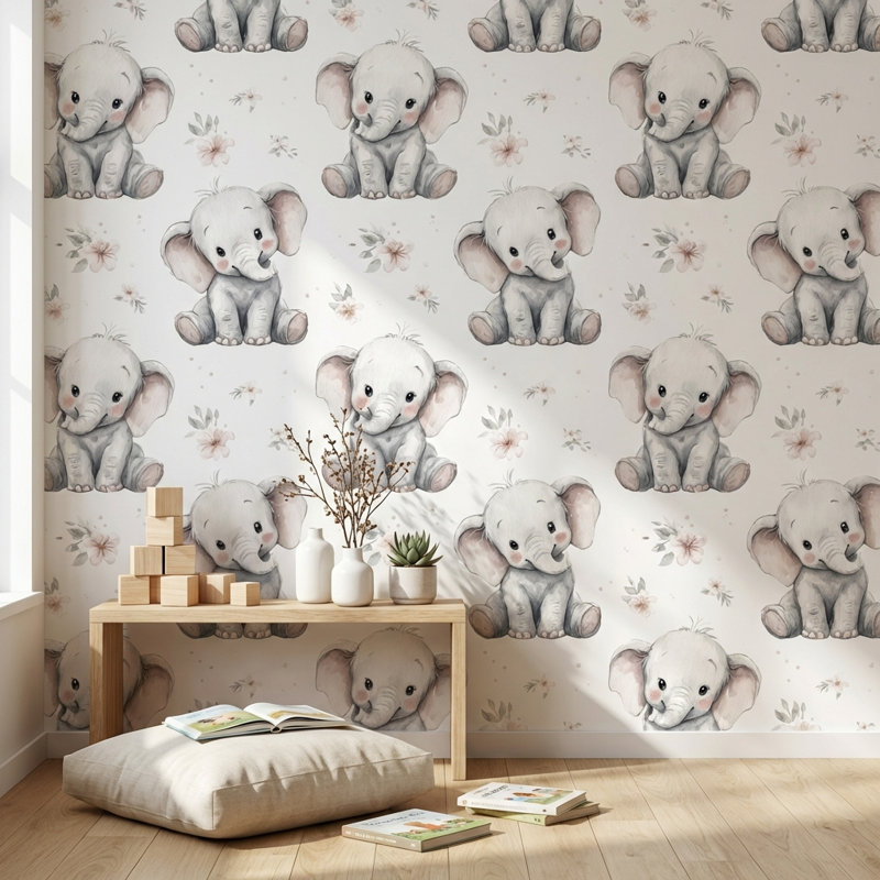 Éléphant, papier peint floral, aquarelle, décoration murale amovible, Peler et coller