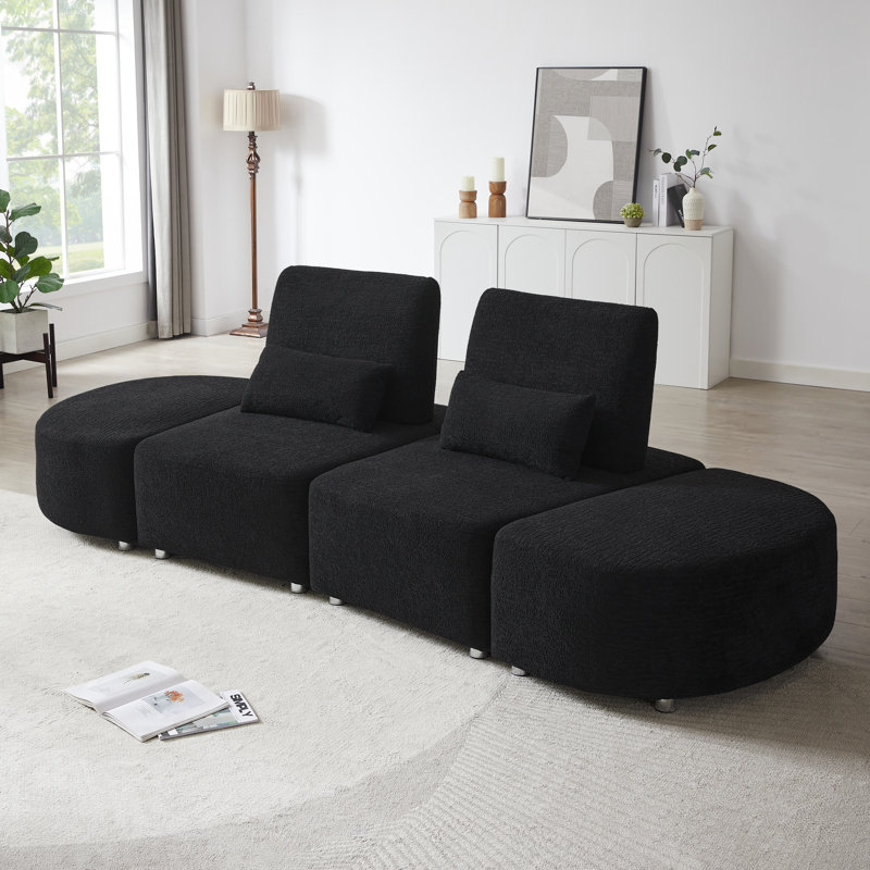 Canapé rembourré avec deux repose-pieds, Noir, noir, noir, noir