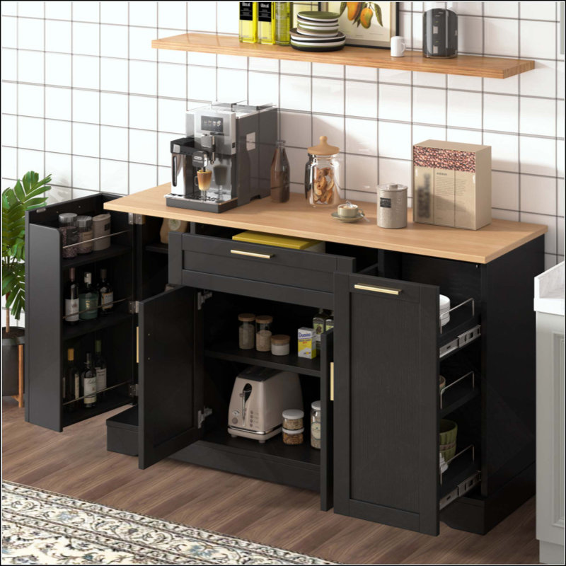 Multi-Functional Storage Sideboard, Extendable Dining Table, Adjustable Shelves, 3-Tier Pull-Out Rack, Kitchen Island Storage For Kitchen, Dining Room, Living Room
