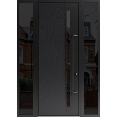 Porte d'entrée extérieure prémontée en acier Dekton 0163 Ardesia Nero, 2 fenêtres latérales extérieures, imposte/porte d'entrée en métal peint moderne, largeur 12+36+12 x hauteur 96, ouverture à gauche vers l'intérieur