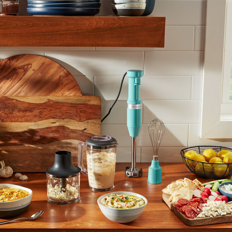 KitchenAid Variable Speed Hand Immersion Blender with 8” Removable Arm, Whisk, Chopper & Blending Jar in Aqua, Aqua