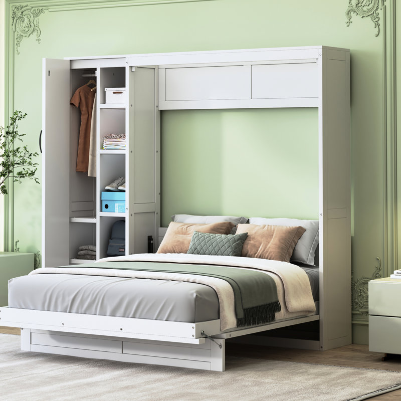 Lit double avec rangement pour tablette, garde-robe, lumières à DEL - peu encombrant pour la salle de sport, les tablettes blanches et le bureau rayonnant, chambre d'amis