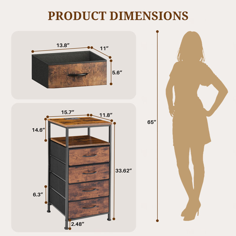Nightstand With Charging Station, Bedside End Table With 4 Fabric Drawers & USB/Type-C Ports And Outlets, Night Stand For Bedroom Furniture, Adjustable Feet And Variable Light Strip