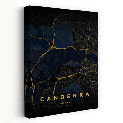 Carte de Canberra dorée abstraite, ville moderne et élégante, impression d'art mural