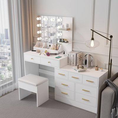 Grand ensemble de coiffeuse avec lumières, prise USB et prise de courant et 9 tiroirs