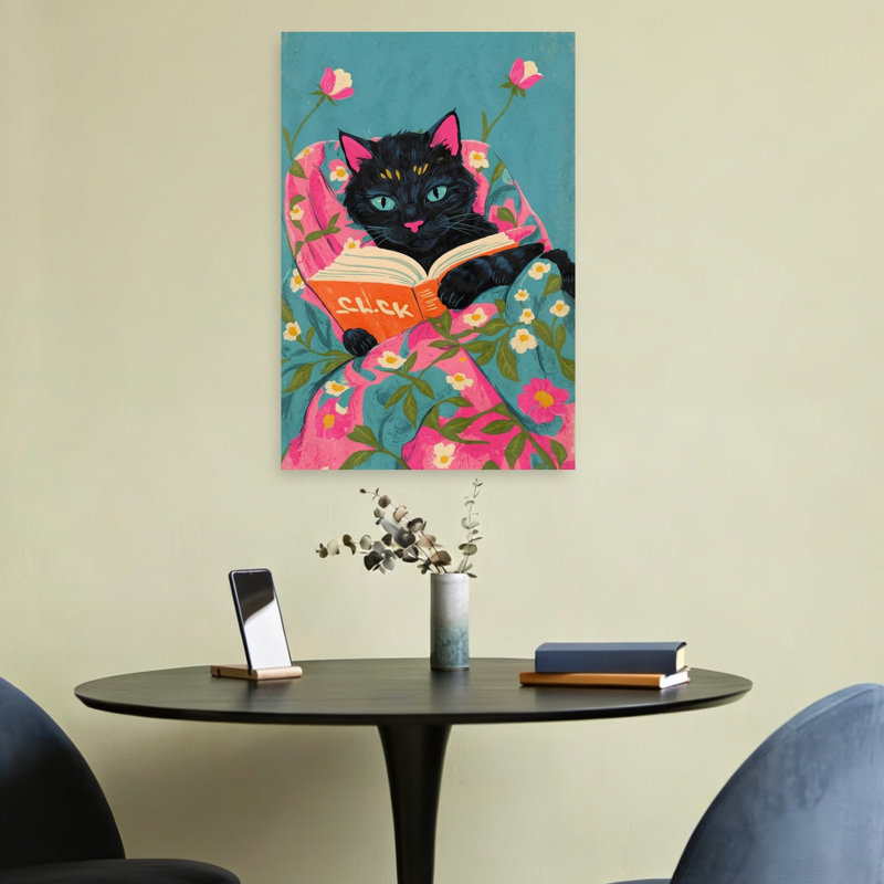 Cozy Reading Cat Vibrant Contemporary Cat Flower Wall Art Print 1 Piece Wrapped Canvas Wall Art, 60.96cm H x 40.64cm W