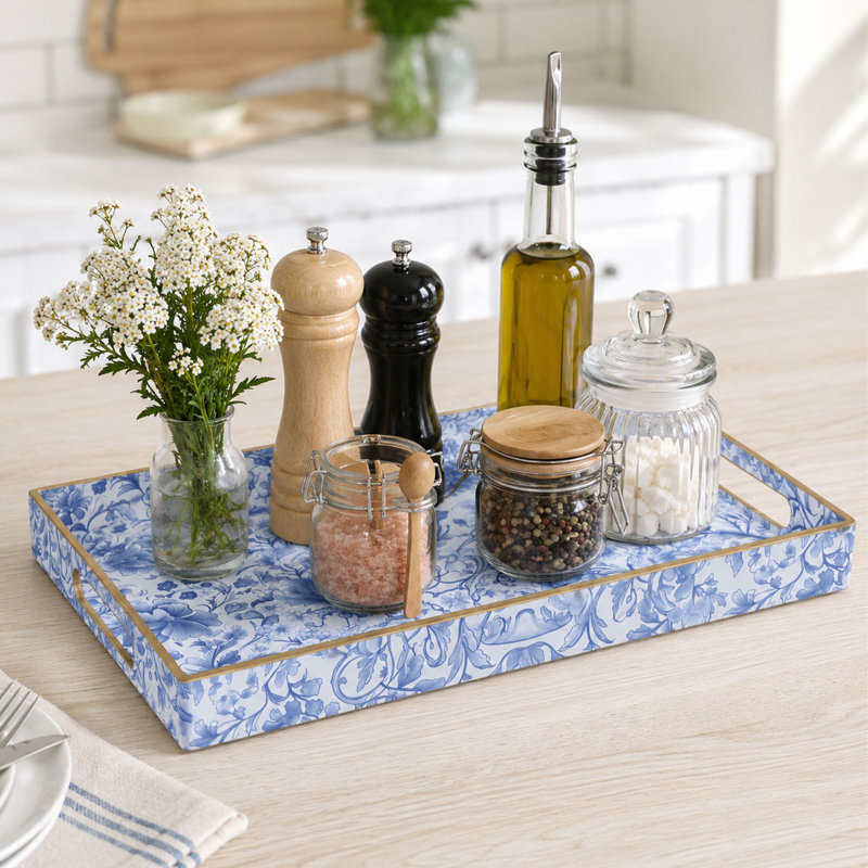 Blue White Peony Decorative Serving Tray with Handles, Rectangular Polypropylene Tray for Home Decor