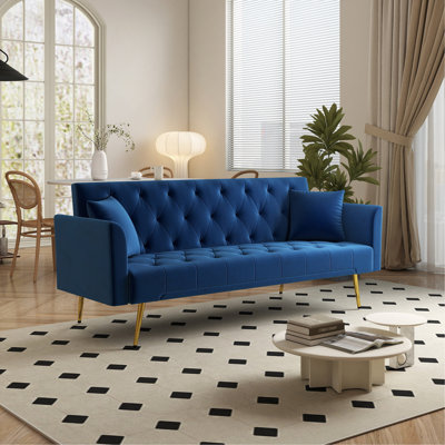 Canapé-lit moderne convertible pliable de 72 pouces de style rétro américain capitonné, fabriqué en velours bleu, convenant aux petits salons, aux chambres et aux bureaux. Bleu