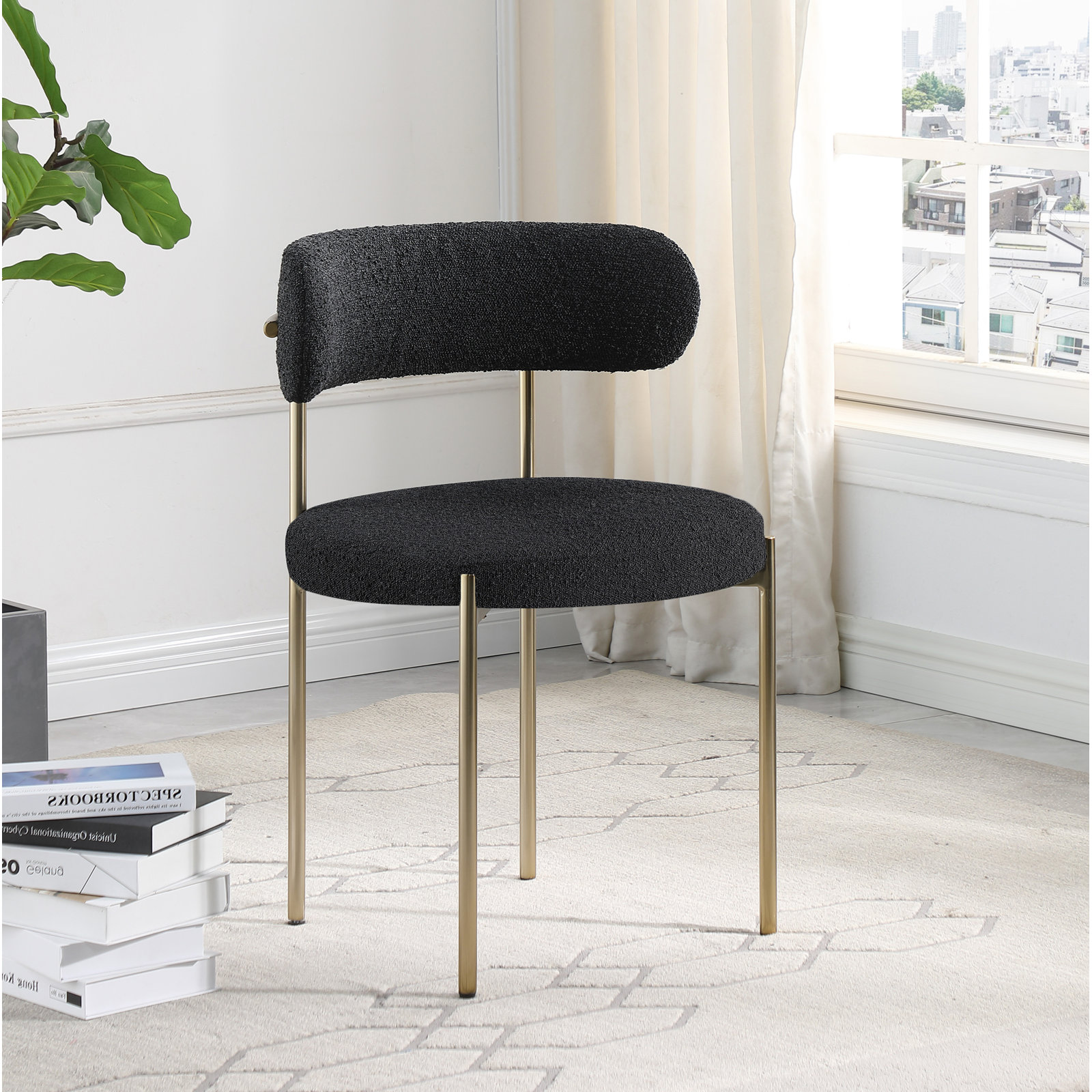 Sherwood Dining Chair, Black Boucle, Brushed Brass