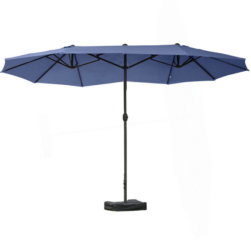 Parasol d'extérieur rectangulaire en acier de 15 pi avec base, protection solaire et manivelle pour terrasse, Bleu