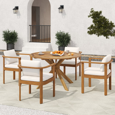 Gelbert 5-Piece Outdoor Mid-Century Modern Acacia Wood Dining Set With Round Slat Table & Curved Armchairs Cushions