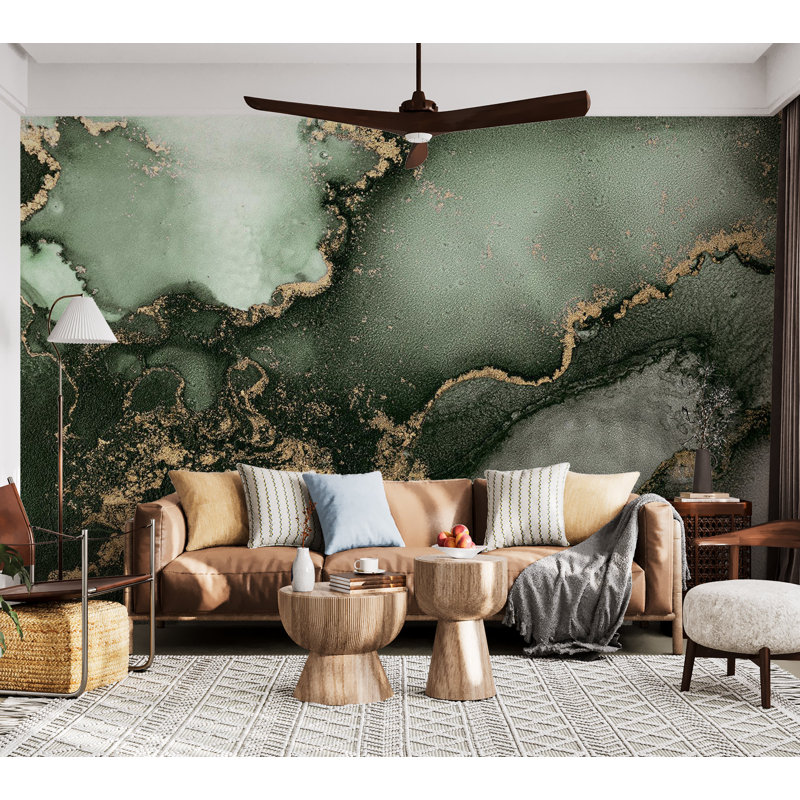 Murale pelez et collez - Inspiration aquarelle or vert, L 100 po x l 135 po