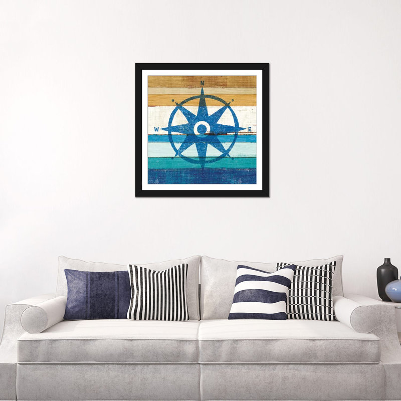 «Beachscape Series: Compass I», impression sur toile, H 16 po x l 16 po x P 1 po, Papier d'art encadré noir, Blanc