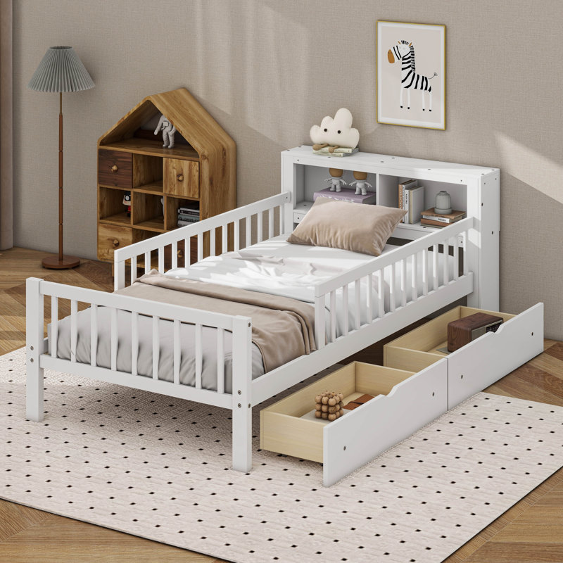 Lit plateforme simple avec garde-corps à 3 côtés et 2 tiroirs sous le lit, Blanc
