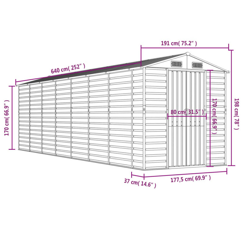 Brityn Garden Shed 191x640x198 cm Galvanised Steel, Light Grey