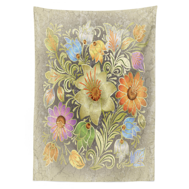 Ambesonne Grunge Tablecloth, Ornate Aged Floral Bouquet Composition Over Antique Style Marble Setting Bohemian, Rectangular Table Cover For Dining Room Kitchen Decor, 52" X 70", Multicolor