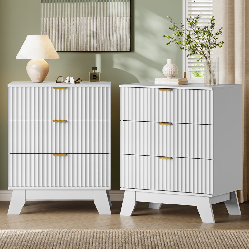 Commode à 3 tiroirs cannelée pour chambre à coucher avec commode, commode en bois de 23,6 po de largeur, table de chevet