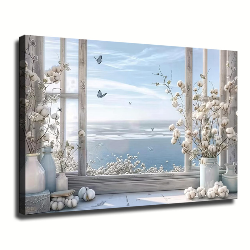 Cette peinture sur toile encadrée dépeint une magnifique vue sur la côte depuis une fenêtre, 16 x 24 pouces