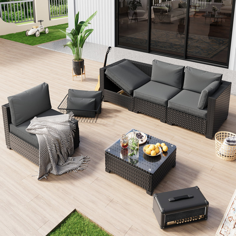 Fully Assembled Chairs, 4-Person Patio Conversation Set Black Chaise Lounge Modular Seating Outdoor Furniture With Waterproof Cover