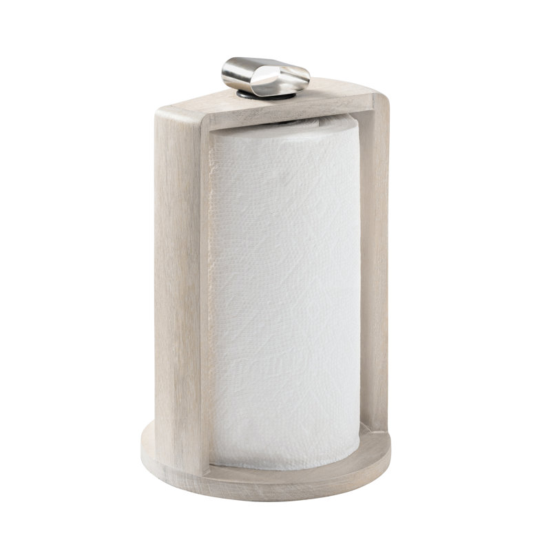 Wooden Paper Towel Holder with Top Load Space Design for Kitchen and Table Decor, Anti Skid Base, Eco Friendly Mango Wood & Metal Rod - Whitewash / Nickel