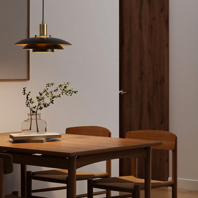 Rancho Mirage Small Pendant Light - Matte Black & Gold-Leaf Shade, Weathered Brass