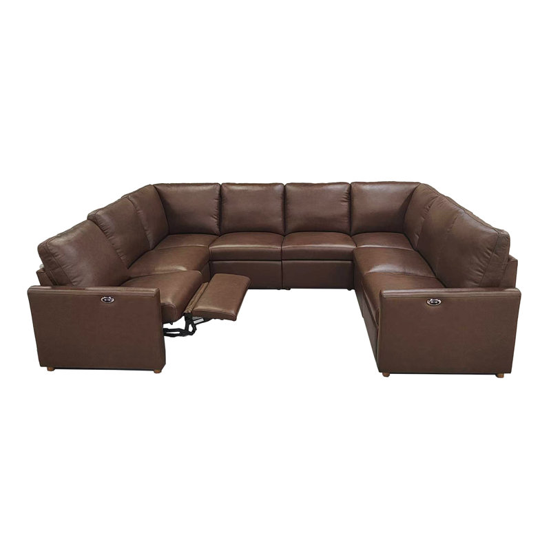 Premium Genuine Leather Match Power Reclining Sectional With Adjustable Footrests & Modern U-shaped Layout, Dark Brown