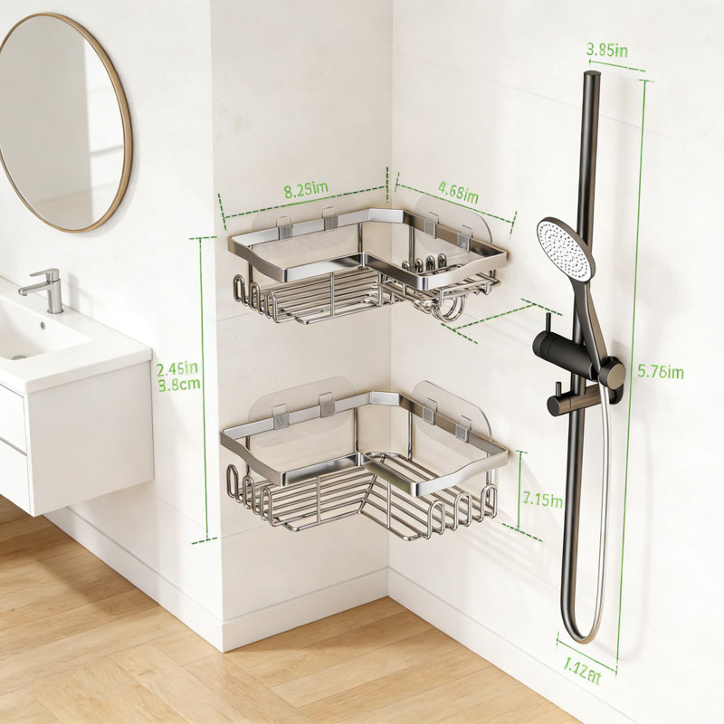 Serviteur de douche en coin en acier inoxydable avec porte-savon, organisateur de douche à 2 niveaux avec 11 crochets, installation sans perceuse avec tablette adhésive résistante, antirouille et à drainage rapide
