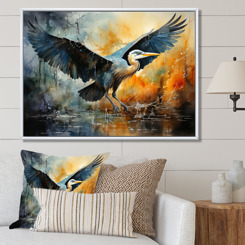 «Teal Yellow Heron Elegance» dévoile un pointillisme sur toile, H 12 po x l 20 po x P 1 po, Cadre flottant blanc