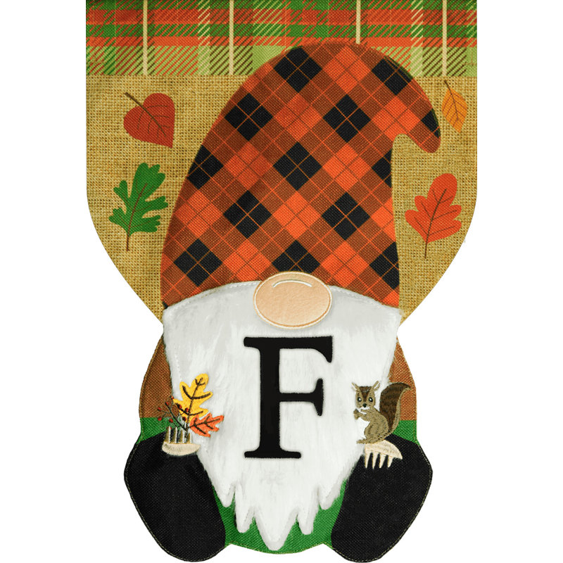 Automne, gnome, monogramme, lettre F, drapeau de jardin