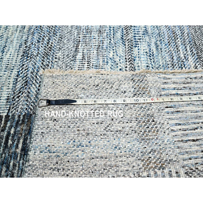 Tapis oriental à motif géométrique ouvert à carreaux bleus de 9 pi x 12 pi 1 po, 100% laine, noué à la main, épais et moelleux