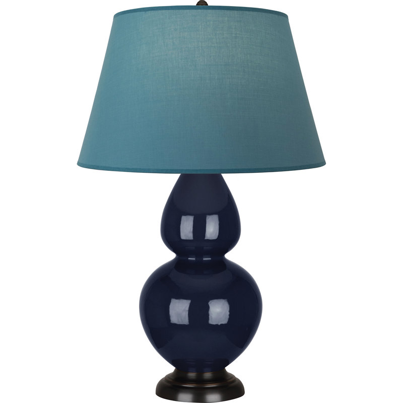 Lampe de table double gourde en céramique, Bleu minuit émaillé / bronze, Bleu vif / gris, Bronze