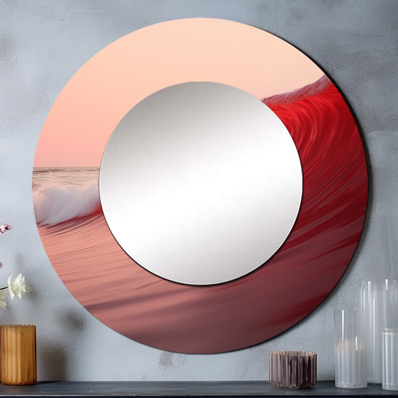 Roah Minimalisme vague rouge paysage - miroir décoratif côtier, miroir mural rond côtier, impression d'art en métal