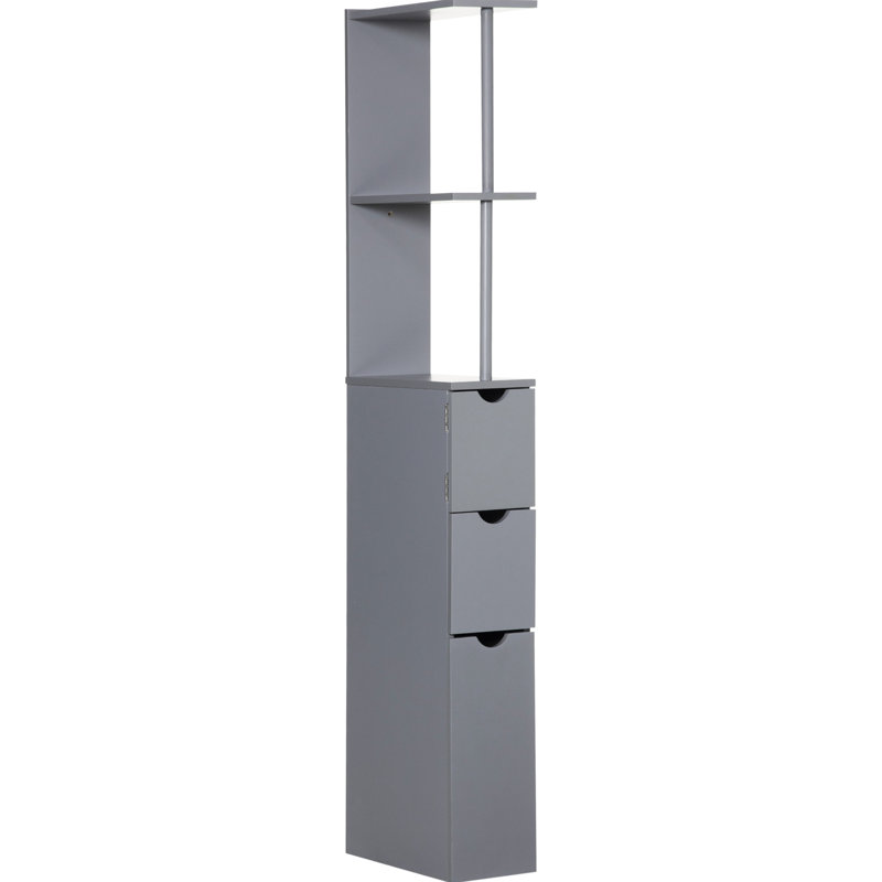 Armoire de salle de bain grise de 54 po de hauteur. 2 tablettes et 2 tiroirs. Autoportant et peu encombrant. Support de structure solide. Support mural supplémentaire. Rangement pour serviettes. L 13 po x H 52,11 po. Poids: 22 lb. Assemblage requis