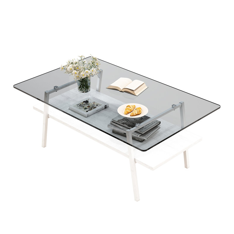 Élégante table basse décorative de salon en verre trempé gris et pieds en métal, Gris, Blanc